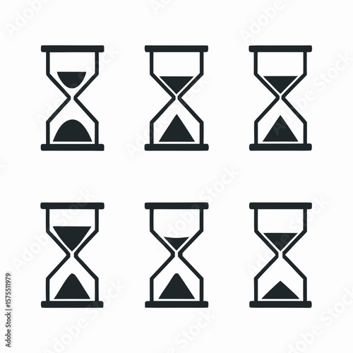 Collection of hourglass clock icons showcasing various time measurements, useful for design and branding applications related to time management or deadlines.