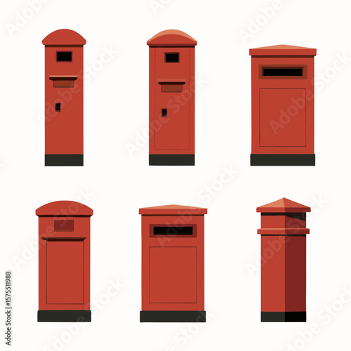 Collection of iconic British red post boxes, perfect for design projects representing United Kingdom postal services or vintage travel themes.
