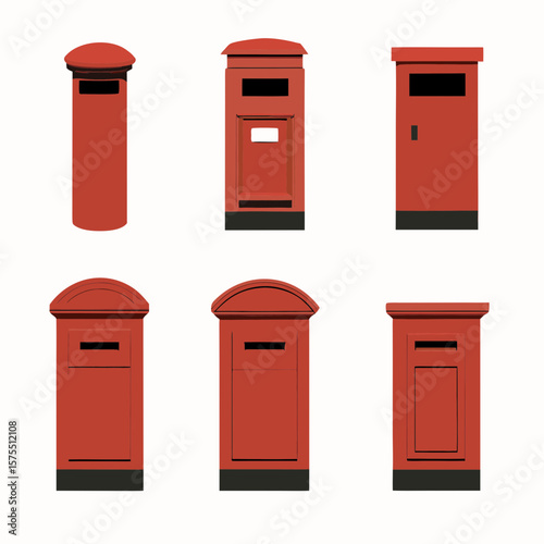 Collection of British red post boxes, a recognizable design suitable for landmarks and postal service concepts.