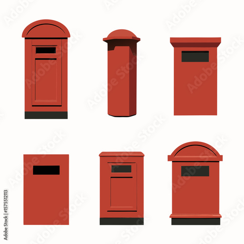 Collection of stylized red mailboxes, ideal for branding, graphic design projects, and scalable web content requiring clear and simple postal symbol.