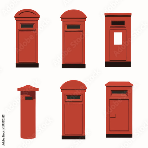A set of graphic stylized red mailbox designs, perfect for postal service branding, website design, or icons representing mail delivery systems.