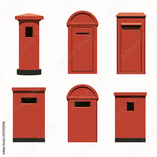 Red mailboxes set, classic designs, perfect for logos, icons, and design projects related to postal services or neighborhood themes.
