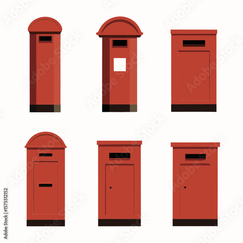 Red mailboxes set, perfect graphic for postal service, communication design and letter delivery company, showcasing classic British mailbox elements.