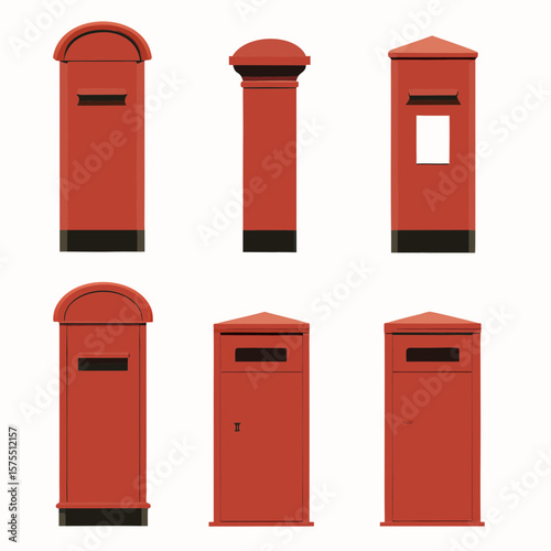 Classic British post boxes graphic set showcasing diverse styles, suitable for travel themes, postal services, or design projects requiring retro elements.