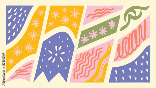 Abstract banner design with geometric shapes and floral patterns in pastel colors scheme art