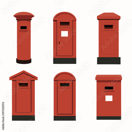 Collection of classic red British post boxes perfect for travel themed graphic or postal service logos, website elements or decorative print.