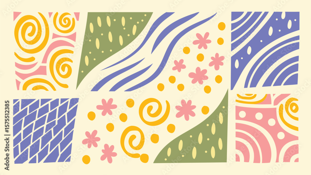 Obraz premium Abstract collage with spirals, floral shapes, and geometric patterns in pastel colors scheme design