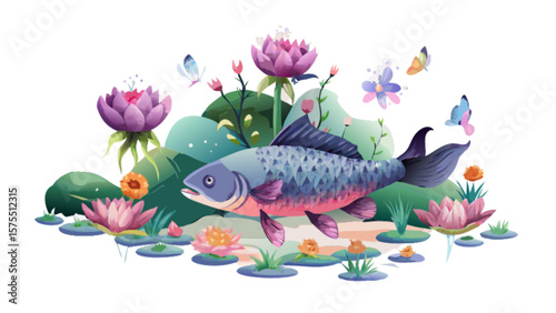 Illustration of koi fish swimming in a pond with lotus flowers and butterflies art vector design