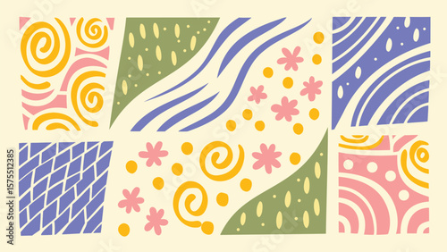 Abstract collage with spirals, floral shapes, and geometric patterns in pastel colors scheme design