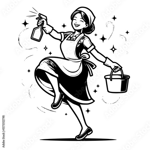 Cleaning lady dancing while at work, black and white vector