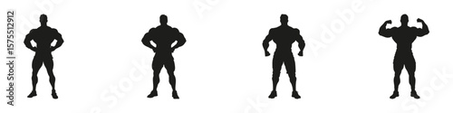 Bodybuilder Poses In Silhouette Set. Fitness And Strength Training Symbol Collection. Health And Wellness Use. Isolated Vector Illustration
