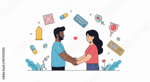World Contraception Day Concept – Couple Holding Hands Surrounded by Birth Control Methods