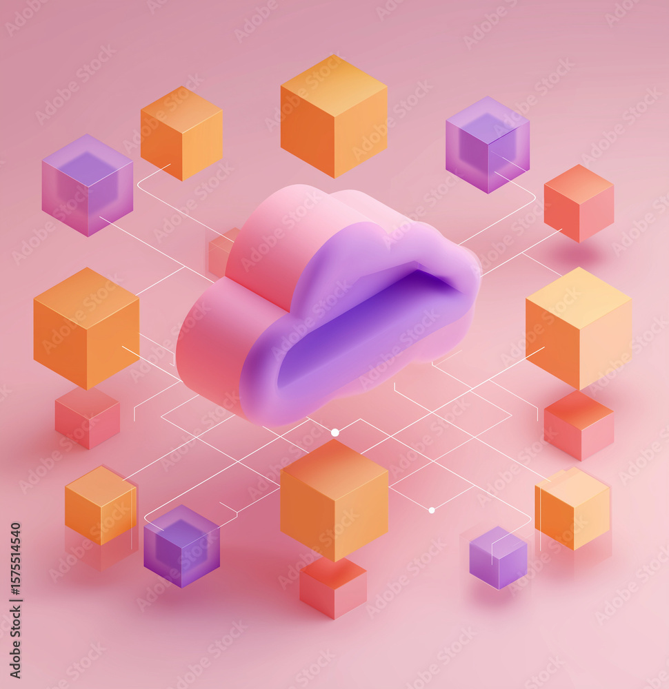 Obraz premium isometric illustration of clouds and a network, with a purple background