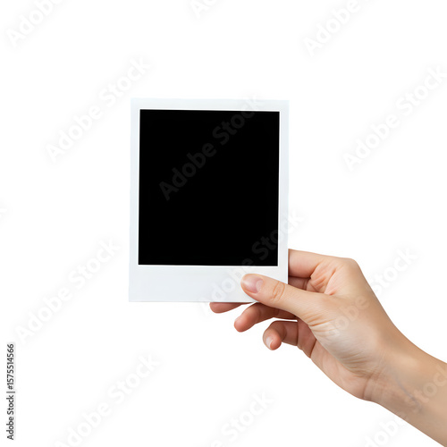 A human hand holding a blank polaroid-style photo frame, ideal for memory, photography, or scrapbook concepts. Isolated on white or transparent background. PNG format.