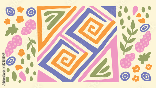 Colorful abstract art featuring geometric shapes flowers and organic forms in a playful arrangement
