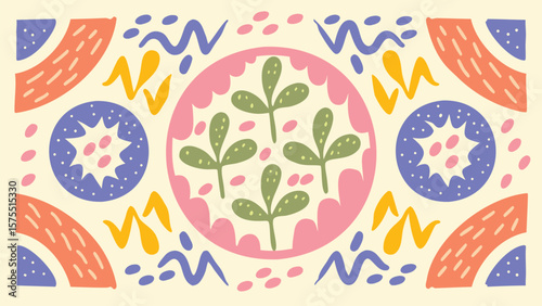Colorful botanical pattern with leaves in a circle surrounded by geometric shapes and decorative elements