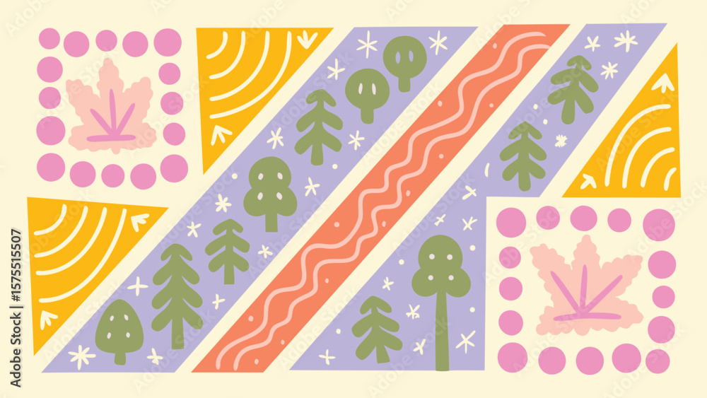 Obraz premium Illustration of trees, leaves, and patterns in triangular and square shapes on a light background