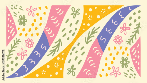 Abstract floral pattern with curved bands of color and scattered botanical elements design style