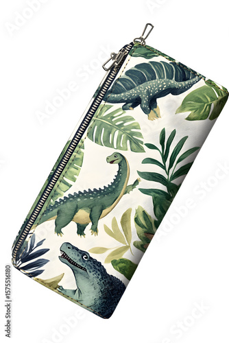 realistic kids dinosaur pencil case mockup, top view with a zipper, isolated on transparent background