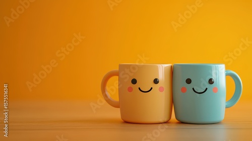 Happy mugs with together on wood orange background friendship.