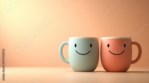 Happy mugs with together peach background friendship concept.