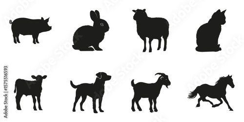 Farm Animal Silhouettes In Solid Icon Set. Livestock And Pet Symbol Collection. Agricultural And Educational Use. Isolated Vector Illustration