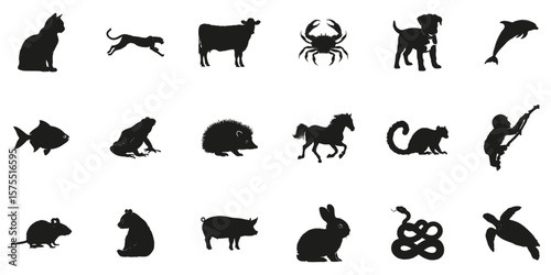Animal Silhouettes In Icon Set. Wildlife And Domestic Animal Symbol Collection. Educational And Design Use. Isolated Vector Illustration