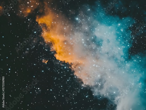 Cosmic Nebula,  Orange and Teal Celestial Cloudscape with Sparkling Stars