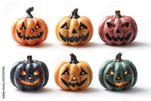 Six Halloween pumpkins with illuminated faces arranged in two rows against a stark white backdrop