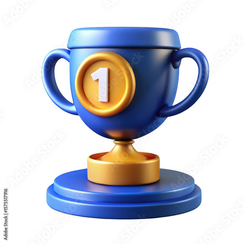 Blue and gold 3d rendered trophy with number one on a podium