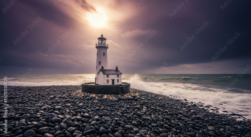 Fototapeta premium Lighthouse on Rocky Shoreline Under Dramatic Cloudy Sky During Sunset