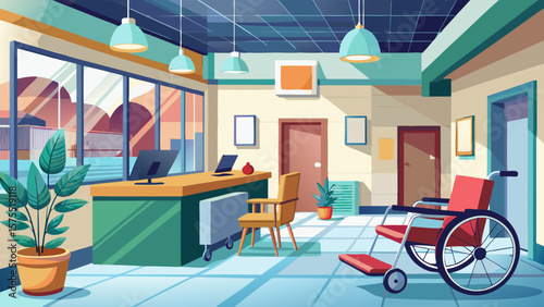 Modern Hospital Waiting Room Interior with Wheelchair and Reception Desk – Vector Illustration