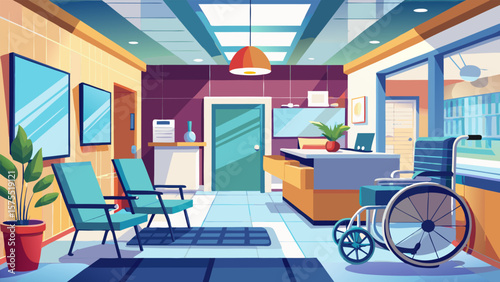 Modern Hospital Waiting Room Interior with Wheelchair and Reception Desk – Vector Illustration