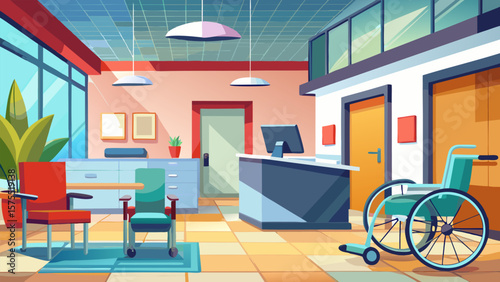Modern Hospital Waiting Room Interior with Wheelchair and Reception Desk – Vector Illustration
