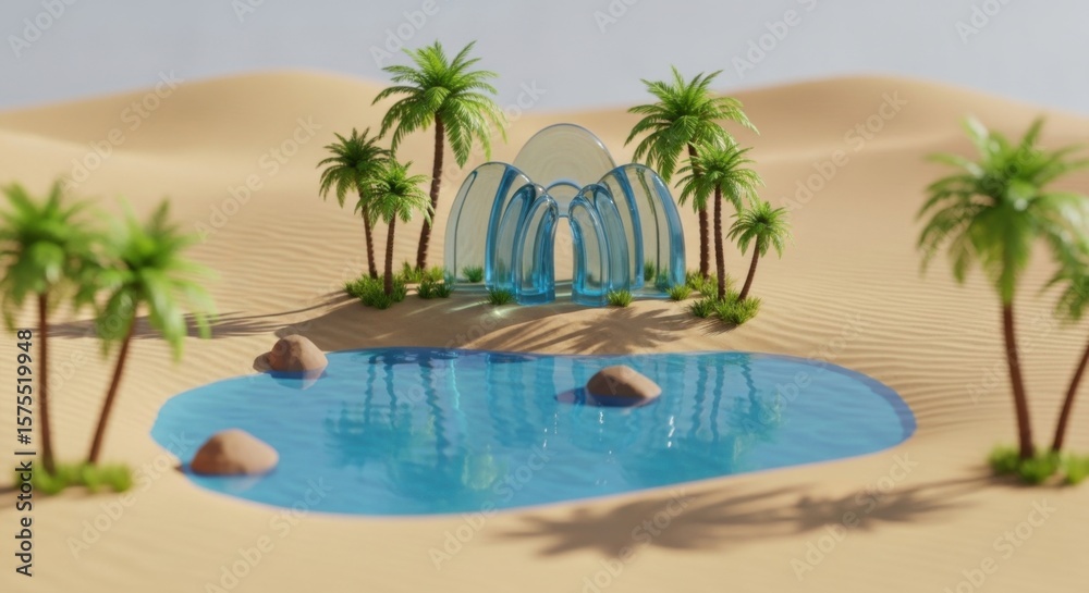 Fototapeta premium Miniature Desert Oasis with Blue Water Pool and Palm Trees in Sandy Landscape