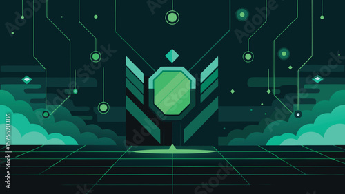 Abstract digital environment design featuring futuristic tech elements and geometric cloudscape