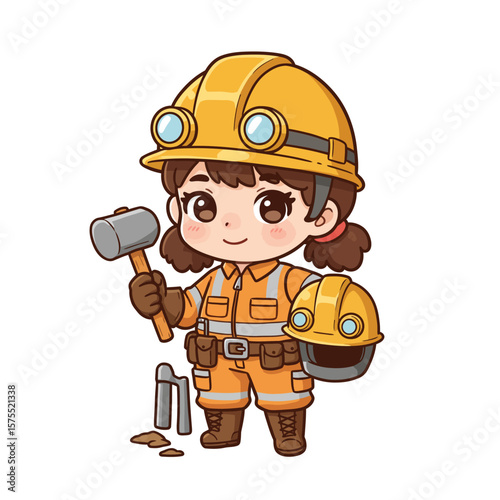 A charming chibi-style cartoon illustration depicts a diligent female miner or construction worker wearing a hard hat and holding tools, ready for work.