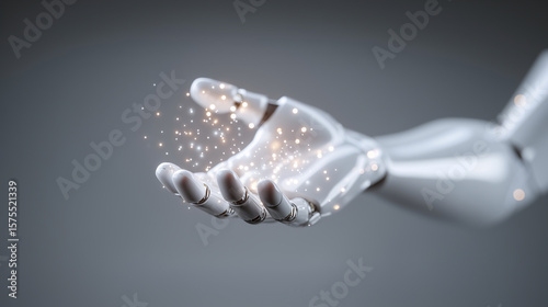 Robotic hand with glowing particles representing artificial intelligence and future technology
