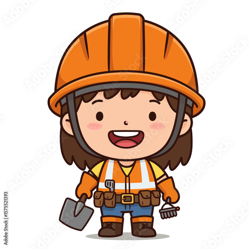 A cheerful cartoon girl construction worker, wearing an orange hard hat and safety vest, holds a shovel and a small rake, ready for work.