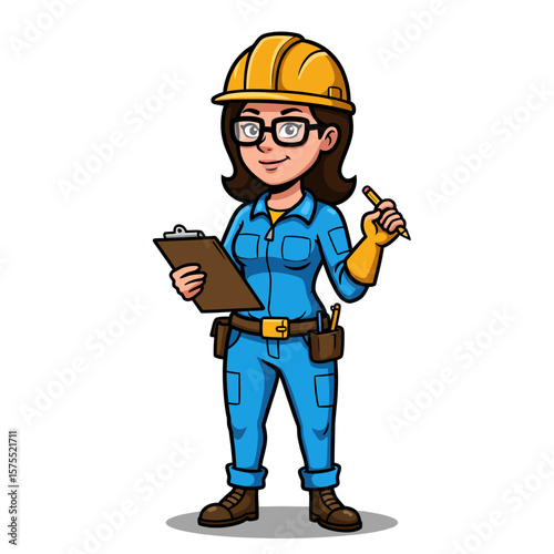 A female construction worker in a hard hat and safety gear holds a clipboard and pen, ready for inspection and planning.
