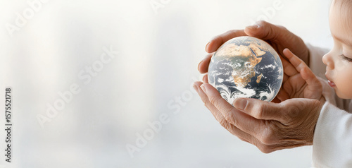 Hands earth globe child elderly care protection future environment love pair of elderly hands gently cradles globe while child looks symbolizing care protection and hope for future of environment