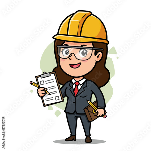 A confident female engineer cartoon character, wearing a hard hat and safety glasses, holds a clipboard and pencil, symbolizing safety and project management.
