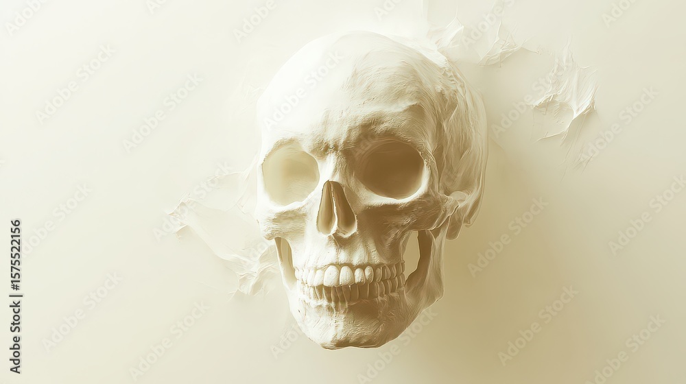 Obraz premium Human skull with cream background textured surface mortality concept medical illustration.