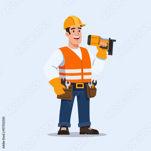 A cheerful construction worker in a hard hat and safety vest holds a nail gun, ready for work on a building site with a light blue background.