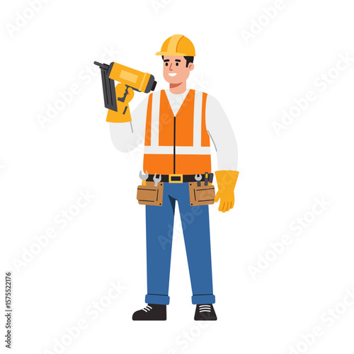 A cartoon illustration of a male construction worker wearing a hard hat and safety vest, holding a nail gun, ready for building tasks.