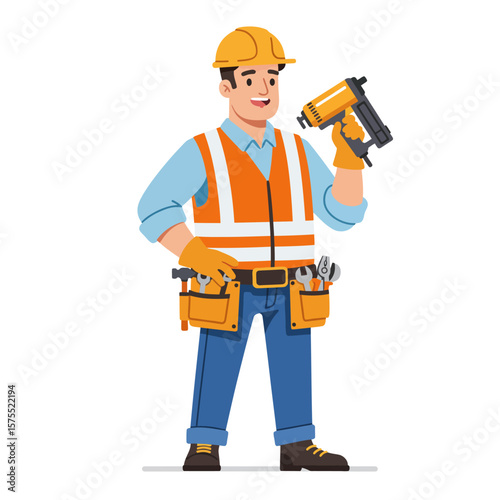 A cheerful construction worker, wearing a safety helmet and vest, proudly displays a nail gun and his tool belt, ready for work on a building site.