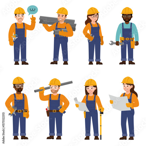 Diverse construction workers in safety gear stand ready for building projects, holding tools and blueprints for success.