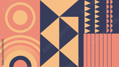 Abstract geometric composition featuring circles triangles and semicircle shapes in pastel tones
