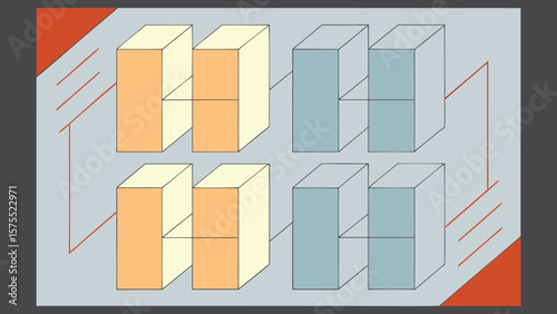 Abstract geometric composition featuring interconnected three dimensional block-like structures with linear elements.
