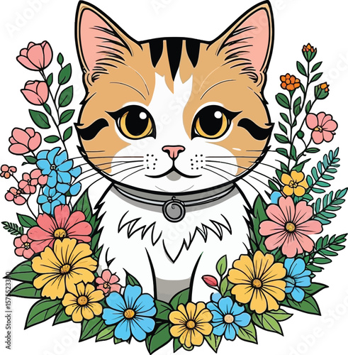Aesthetic Colorful Floral Cat Graphic